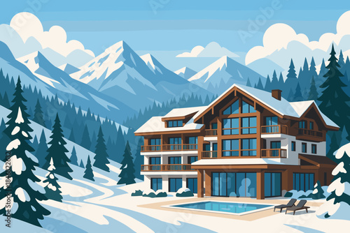 Winter house near a pool with mountains and trees under a bright sky in a snowy landscape