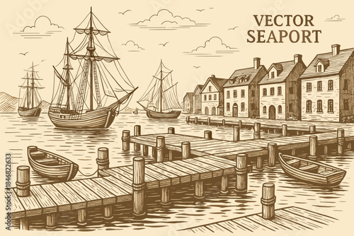 View of a seaport with boats and ships near wooden docks in a coastal town