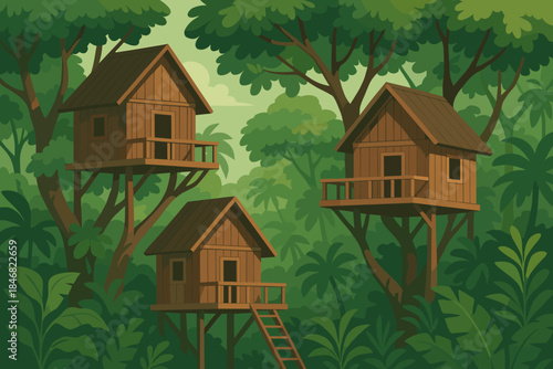 Tree houses in a dense forest during the daytime with sunlight filtering through the leaves