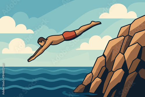 Man diving from a cliff into the ocean during daytime under a clear sky with clouds