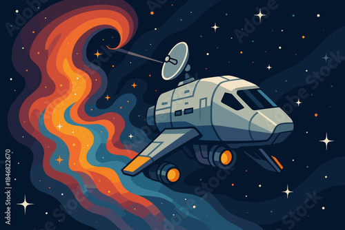 Spacecraft travels through colorful space with shining stars and cosmic patterns in the background