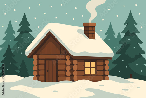 Cozy winter cabin in the woods with snow and pine trees in a peaceful setting during daytime