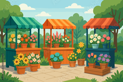 Flower market stands with colorful plants and trees under a clear sky in a park setting