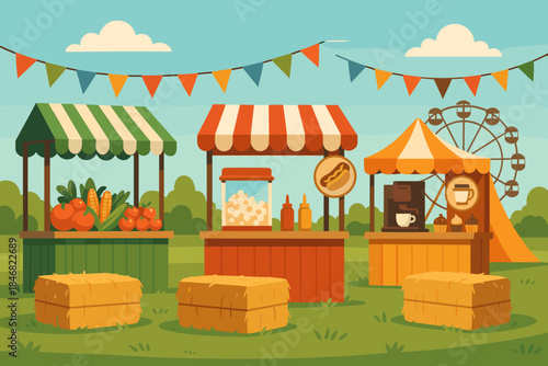 Colorful market scene with food stalls and a ferris wheel during a sunny day in a park