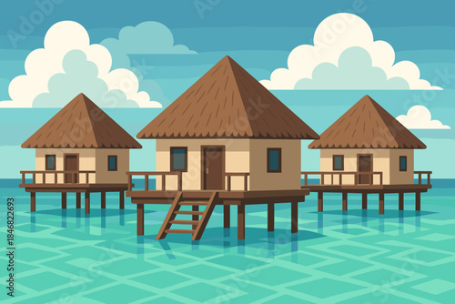 Bungalows on stilts in clear water surrounded by bright sky and fluffy clouds during daytime
