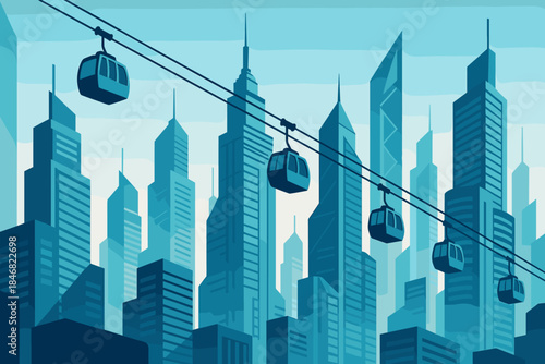 Cable cars travel through a city skyline with tall buildings and clear blue sky in the background during daylight hours