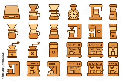 Different types of coffee brewing equipment and tools used for making coffee at home or in a cafe setting