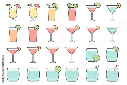 Cocktails and drinks arranged in rows showcasing various colors and styles at a bar