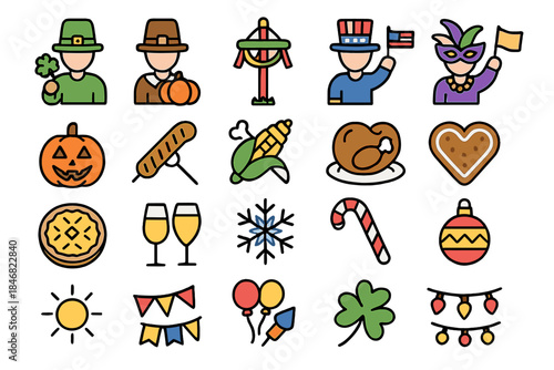 Symbols of holidays and celebrations displayed in a colorful grid with various items representing different events and traditions