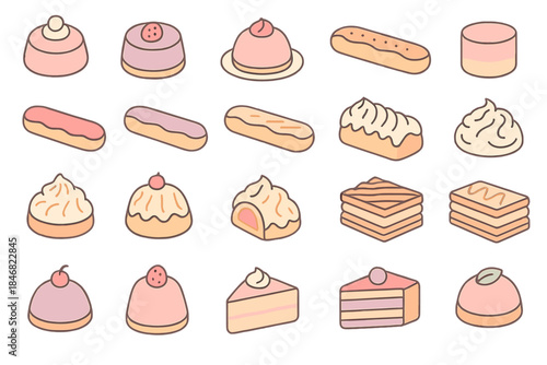 Many types of desserts arranged in a grid showing cakes, pastries, and confections at a bakery setting during daytime