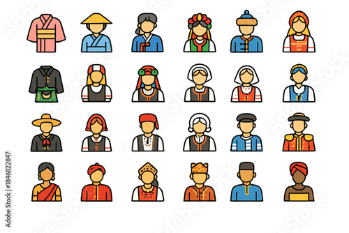 Various traditional clothing styles from different cultures around the world displayed in a grid format