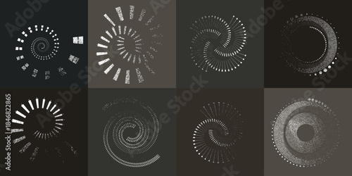 Circular spiral lines element set .Rotate textured vector shapes .Rotating dots form a circle .Rotating and linear design element . Various lines forming round shape . Abstract Geometric line art 