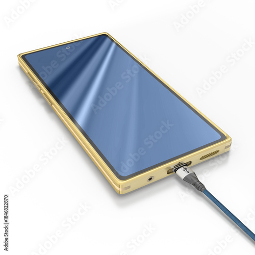 3d Smartphone, goldenes Handy mit blauen Bildschirm wird mit USB-C Kabel aufgeladen, freigestellt auf transparenten Hintergrund	