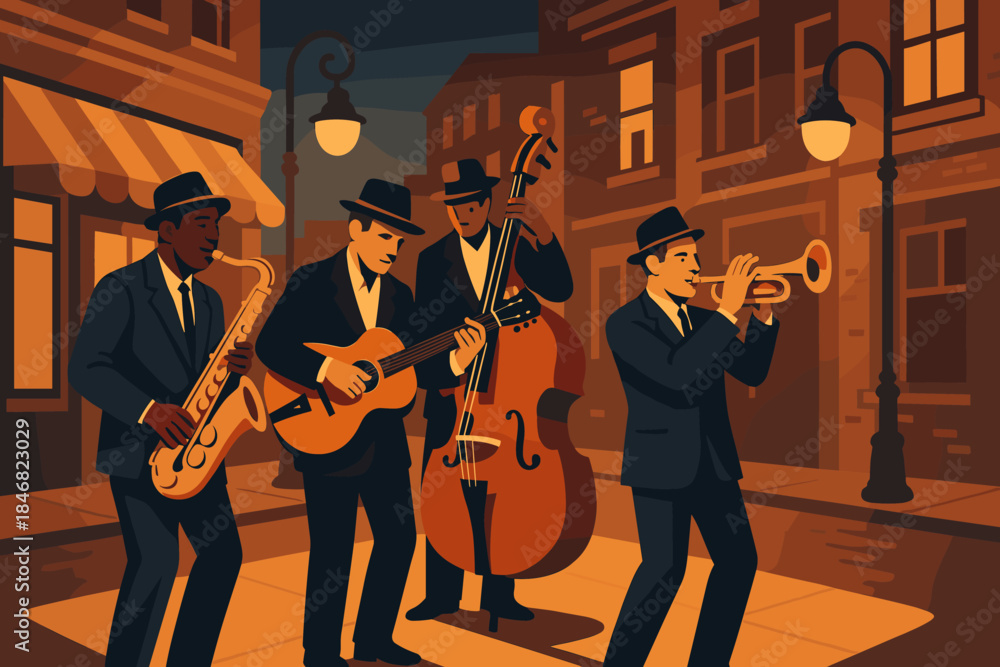 Fototapeta premium Jazz musicians perform on a city street at night with warm lighting and vintage architecture in the background