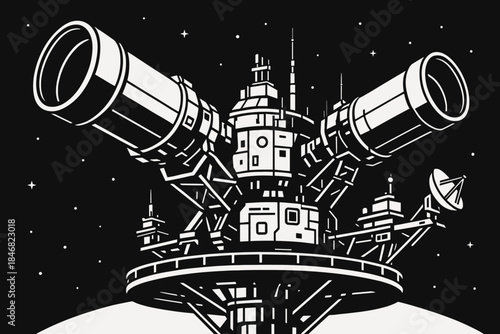 Space station observes stars with large telescopes at night in outer space