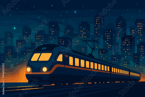 Train travels through city at night under bright stars and skyscrapers