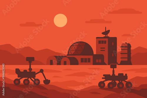 Mars science station with rovers exploring the surface at sunset near the mountains and hills