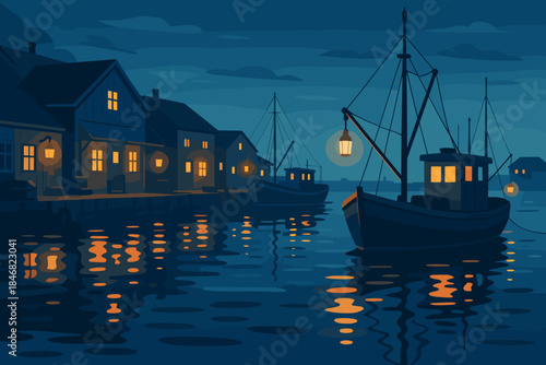 Fishing boats at night by the shore with warm lights reflecting on water surface in a coastal village