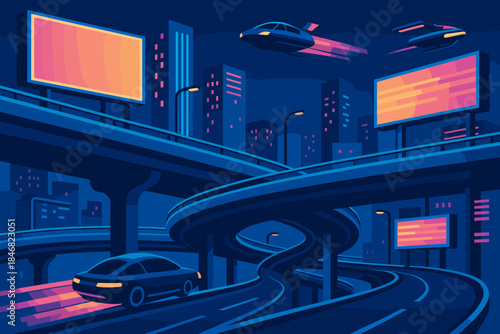 Cars and flying vehicles move through a futuristic city at night with neon signs and tall buildings