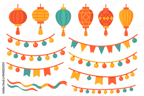 Decorative lanterns and colorful garlands displayed for a festive event in a simple celebration setting