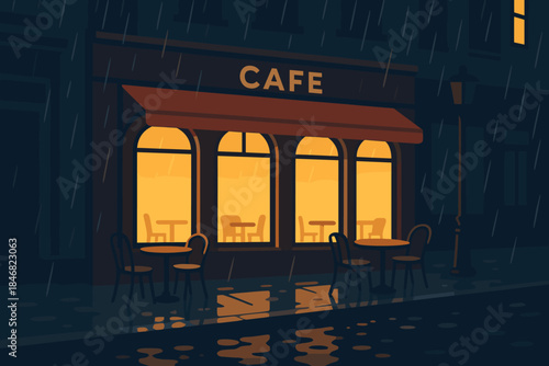 Warm cafe light shines through windows on a rainy night in a quiet street