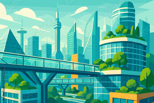 Skyline of a modern city with green spaces and bridges during the daytime