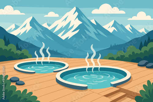 Hot springs sit among mountains and trees on a clear day in a natural setting showcasing relaxation and nature