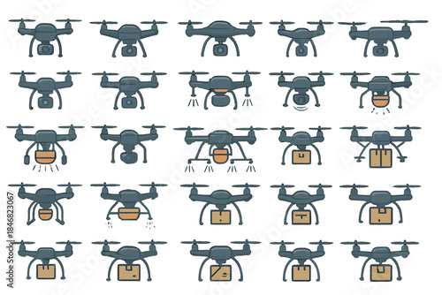 Different types of drones with various abilities for delivery and photography purposes in one collection on a white background