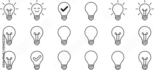 A set of simple hand-drawn line-art light bulb icons, featuring symbols like smiles and check marks, representing bright ideas, completed tasks, and creative innovation.