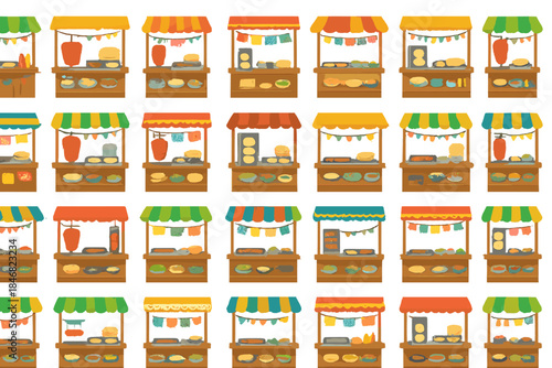 Market stalls display various foods and goods during a busy day at a local market in a colorful setting