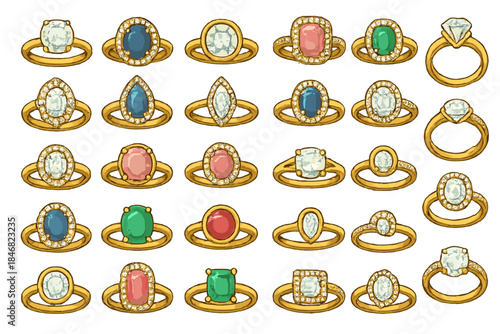 Collection of rings with different stones and designs displayed in a row on a plain background