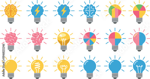 A vibrant collection of vector light bulb icons containing diverse symbols like human brains, charts, and lightning bolts, illustrating complex concepts of creative thinking,