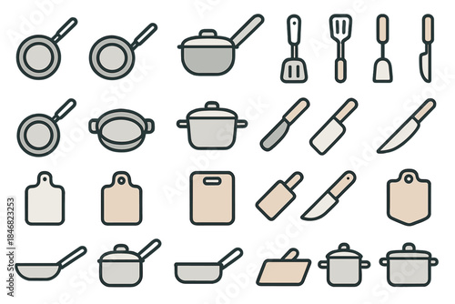 Kitchen tools and utensils for cooking and food preparation in various shapes and sizes arranged neatly