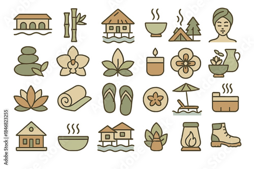 Icons representing relaxation and nature activities near water and in wellness settings with various elements including houses and plants
