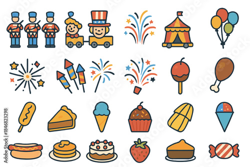 Celebration scene with fireworks, food, and festive characters at a fairground during summer