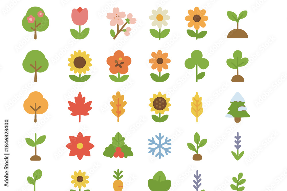 Fototapeta premium Colorful spring plants and flowers arranged in a grid on a white background showing various shapes and colors
