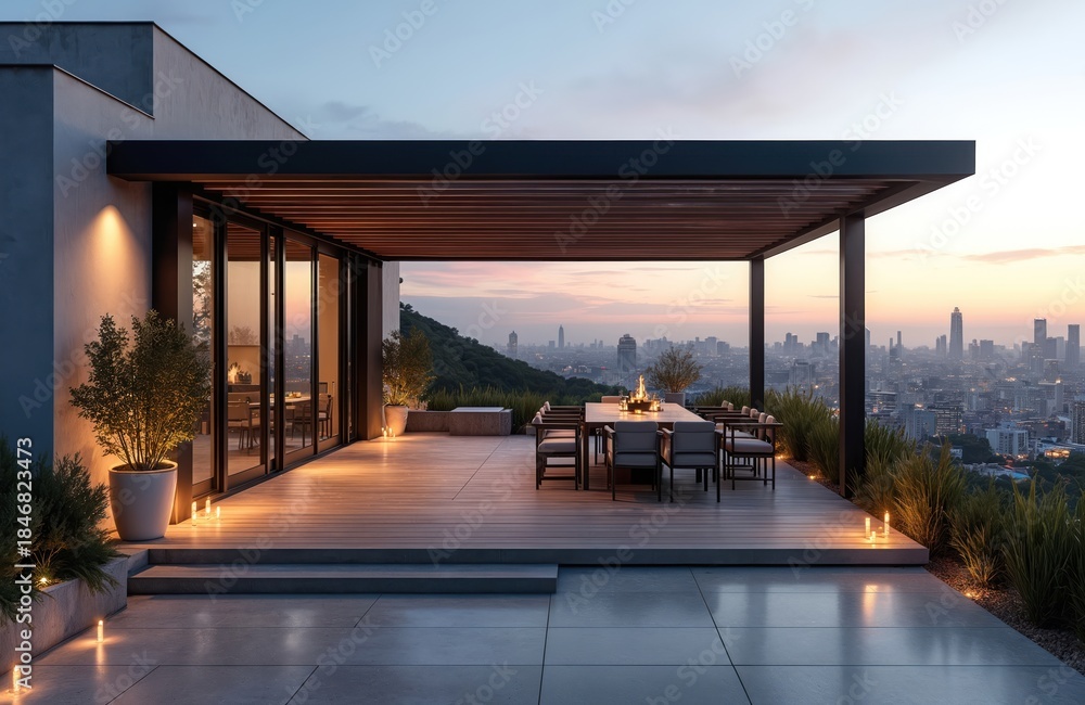 Obraz premium Modern rooftop terrace with pergola overlooks city skyline at dusk. Outdoor dining table and chairs set under canopy. Urban balcony offers scenic cityscape view at twilight.