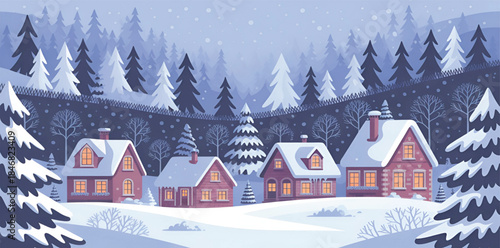 Peaceful winter wonderland village with glowing wooden houses, deep snow, pine trees surrounding small cottages, calm night sky, soft light reflections on snow, festive and cozy holiday atmosphere, hi