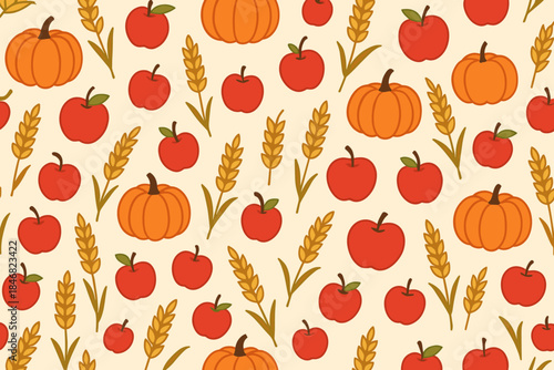 Colorful pattern featuring pumpkins and apples with wheat on a light background during harvest season