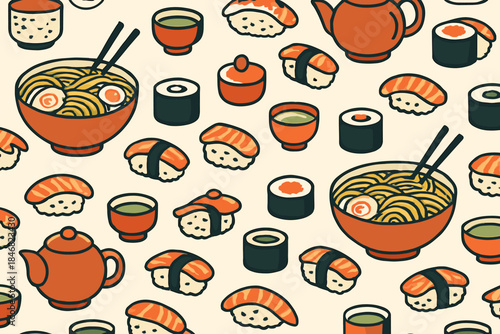 Various types of sushi, ramen, and tea displayed on a patterned background in a creative arrangement