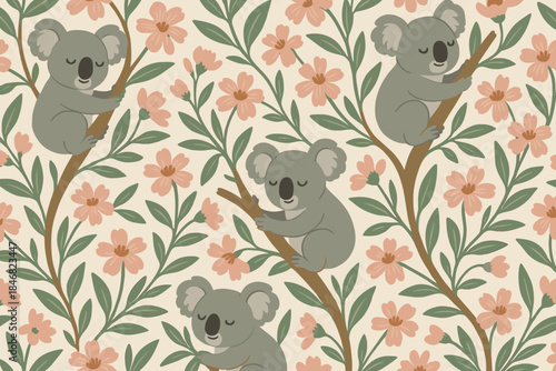 Colorful pattern with koalas and flowers on light background