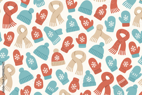 Winter accessories on a light background with patterns of hats, gloves, scarves, and mittens in various colors and designs