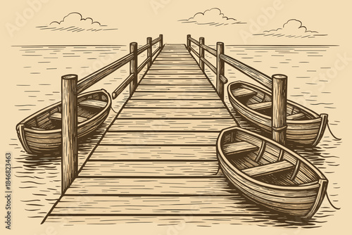 Dock with wooden boats by the water under a cloudy sky during the day in a coastal area