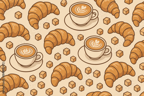 Croissants and coffee cups with sugar cubes create a warm kitchen scene with bakery items on a light background