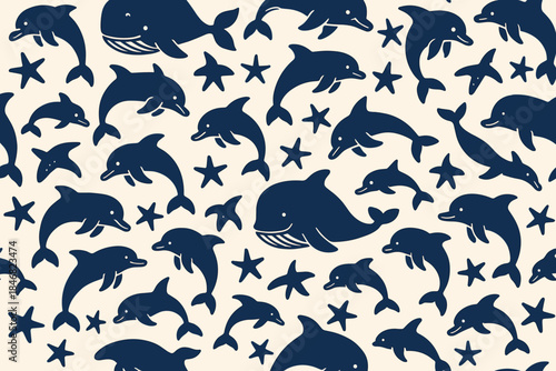 Design features dolphins and whales among stars on a light background in a playful arrangement suitable for various uses