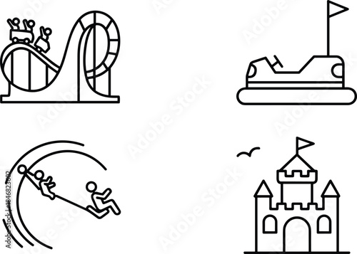 Minimalist outline vector graphics illustrating popular amusement park attractions, including a roller coaster, bumper cars, swing ride, and a fantasy castle entrance.