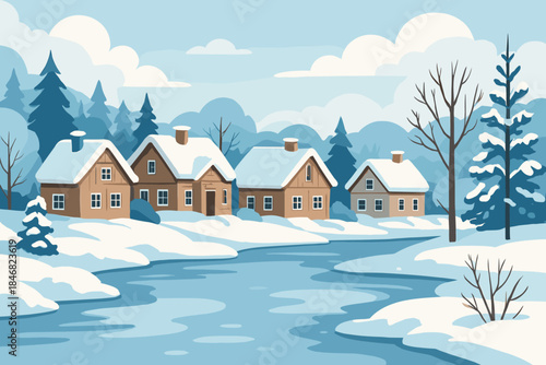 Winter scene with houses and river in a snowy landscape with trees and clouds