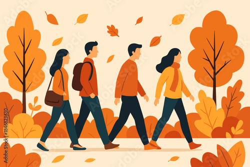 Groups of four people walk through a forest in autumn with falling leaves and orange trees in the background