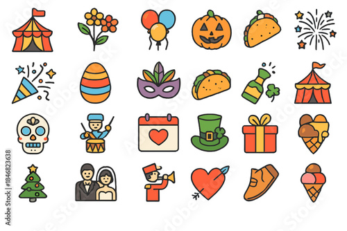 Celebration and festive symbols representing various events and activities throughout the year