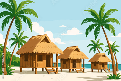 Tropical beach huts under palm trees by the water during a sunny day with clouds in the sky in a coastal setting